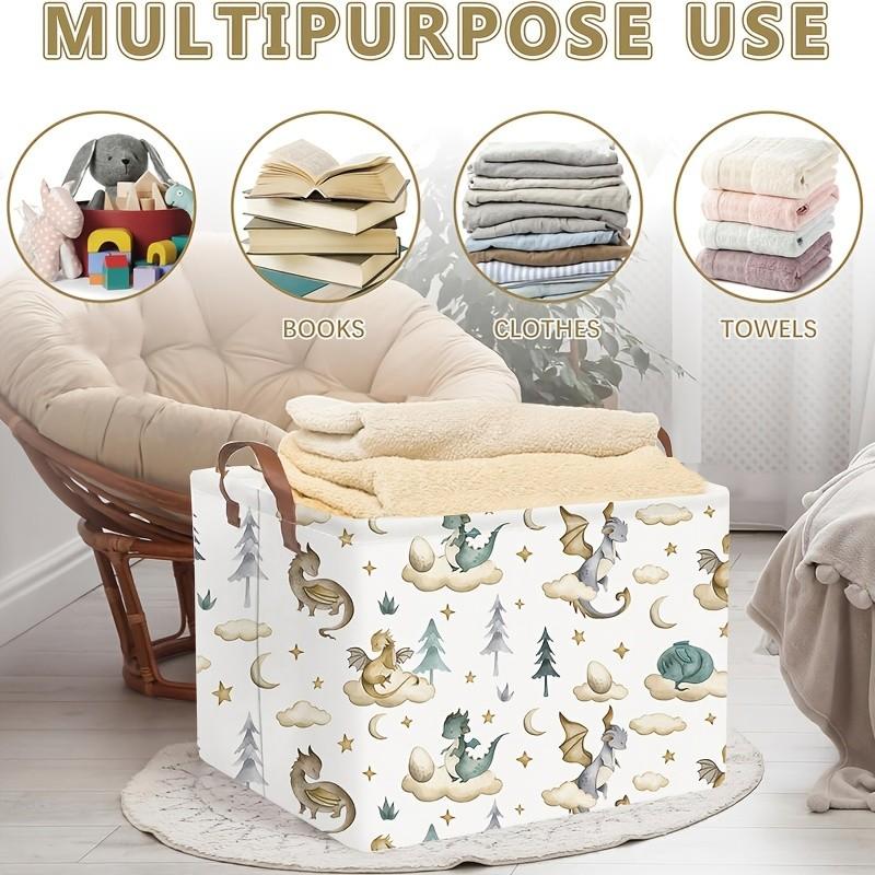 Rectangular Dinosaur Storage Basket, Cloud Moon Star Dragon Egg Baby Blanket Organizer, Watercolor Cute Dragon Fantasy Gift Basket