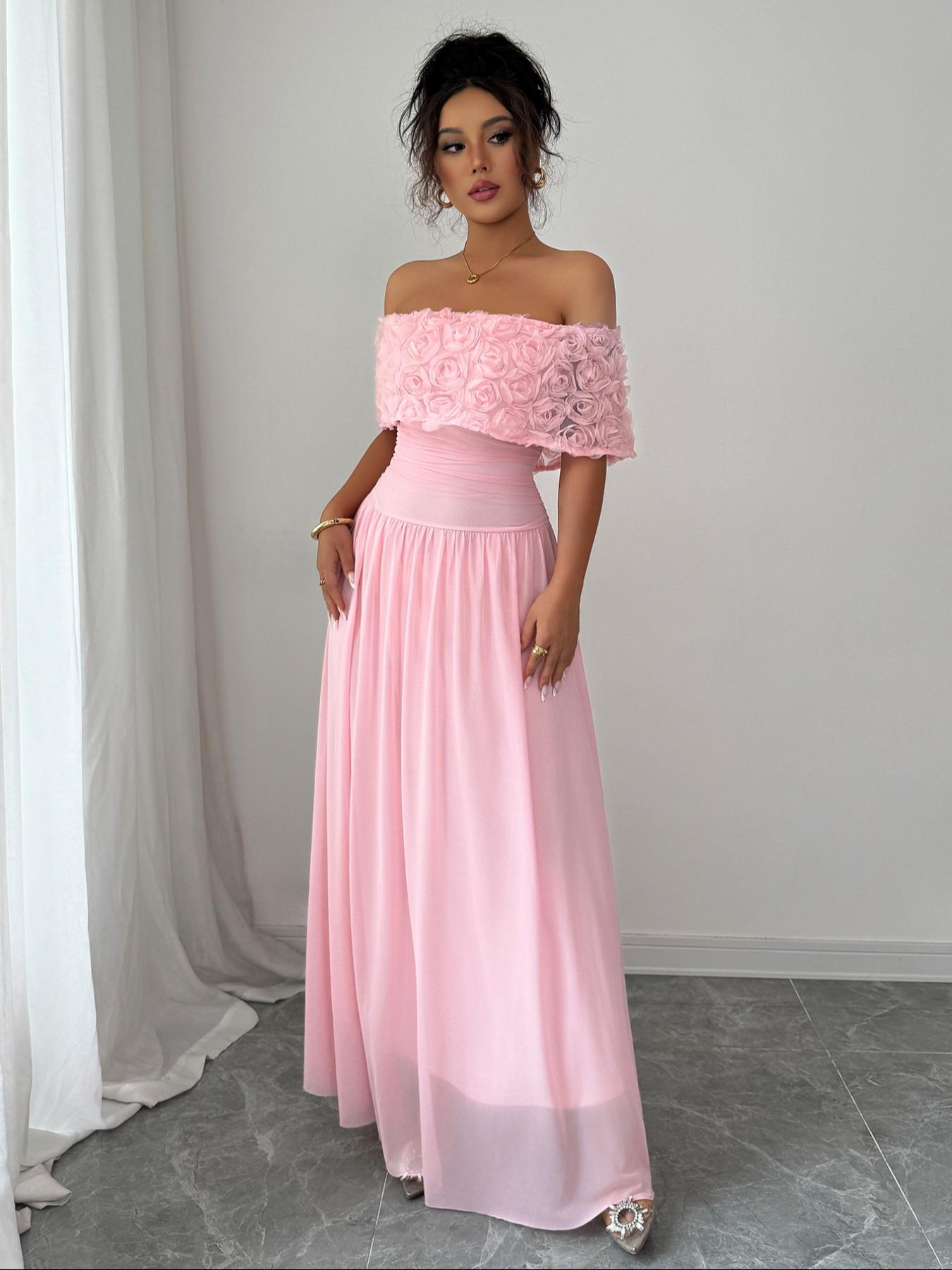 Fashion Elegant Chic One Shoulder Floral Decorated Waist Cinched Long Dress, Fitted Plain Style for Fall & Winter, Women's Clothing