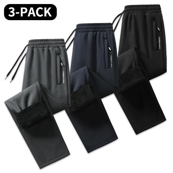 Men’s 3-pack windproof, warm winter pants with faux lambswool lining, elastic drawstring waistband, zippered pockets, straight-leg design—ideal for outdoor casual sports.