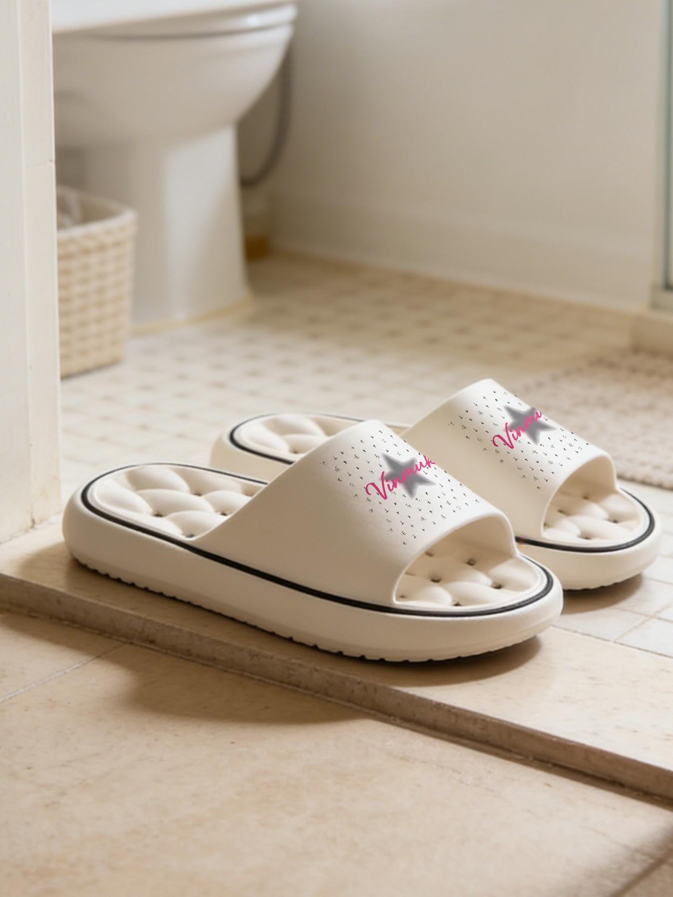 1 Pair Star Letter Printed Hollow Massage Thick Sole Slippers, Minimalist Trendy Style, Non-slip Soft Sole, Quick-dry for Bathroom, Indoor & Outdoor Dual-use, Open Toe Slides, Bathroom Casual Slippers