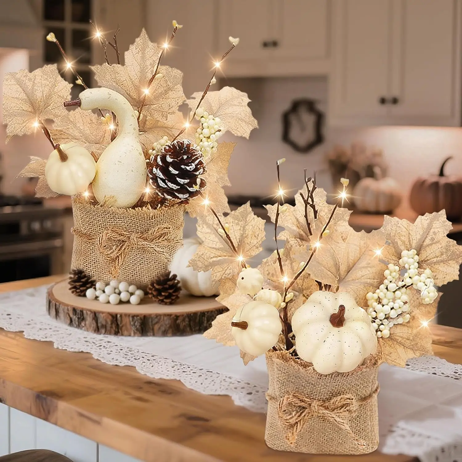 Fall Decor 2 Pack Fall Table Centerpieces with 20 LED Tabletop Maple Tree Pumpkin Pinecone Berry Branch Arrangement, Fall Decorations for Home Kitchen Halloween Thanksgiving