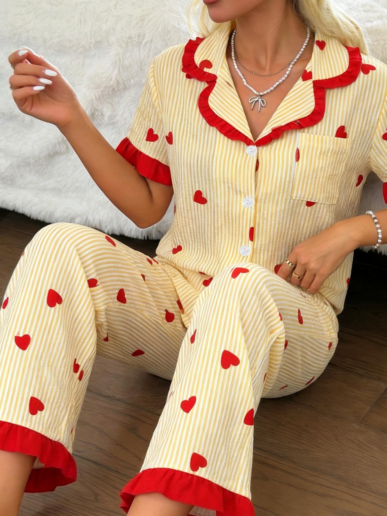 Two-Piece Set S-2xl Striped Heart Print Lapel Collar Open Front Short Sleeve Top + Pants Pajama Set, Comfortable Wear at Home Loungewear