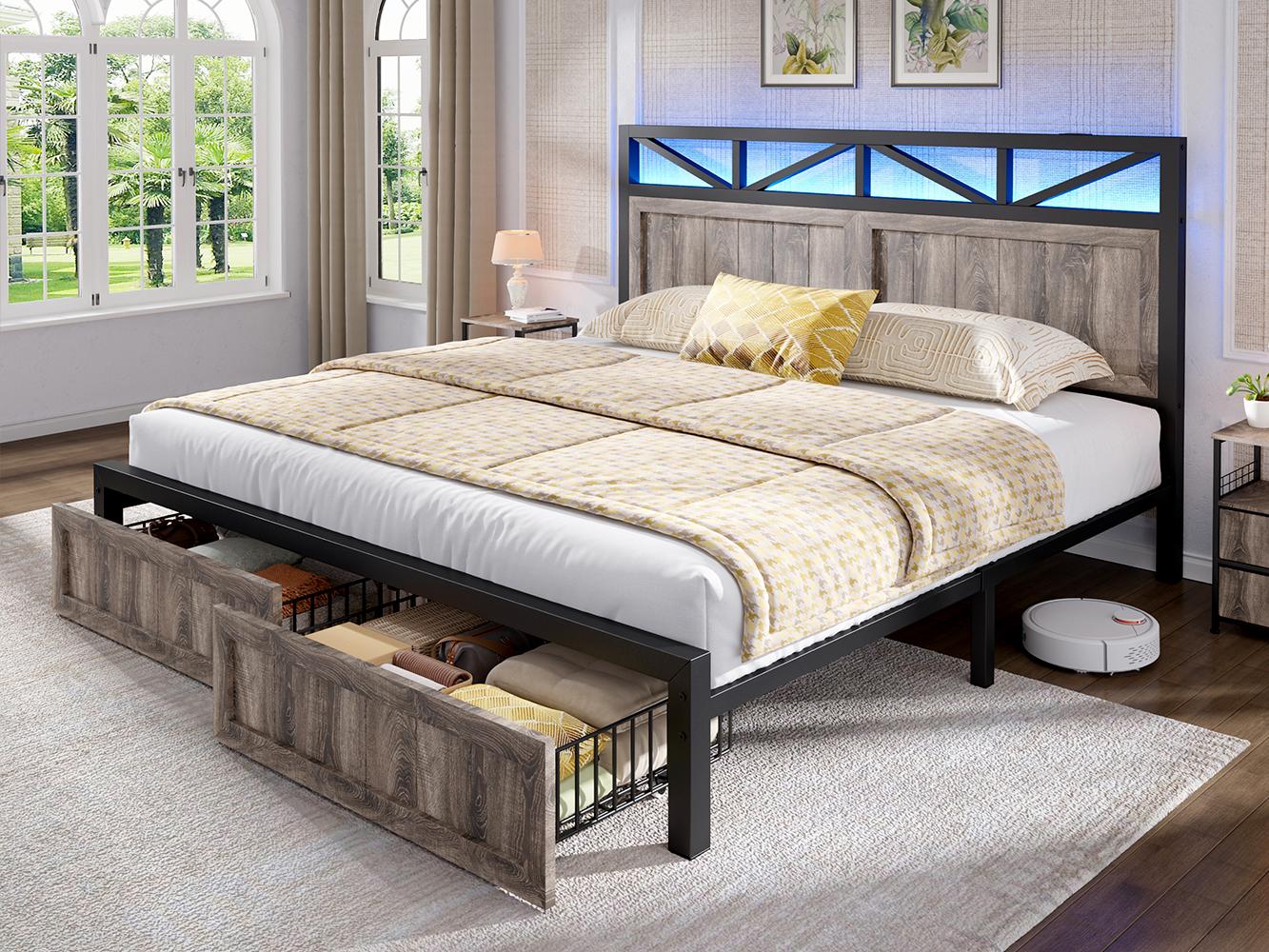 [Live] NO MATTRESS,LED Bed Frame with USB Outlet, Farmhouse Queen Size Bed Frames with 2 Storage Drawers & Built-in Charging Station, Wood Metal King Size Platform Bed Frame with Headboard, Farm Style Bedroom Furniture with LED