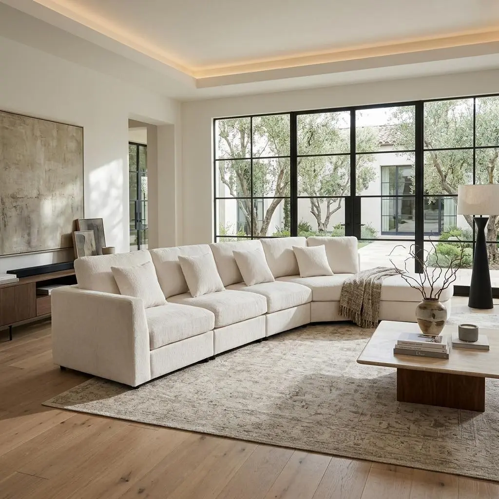 Modern 5-Seater Curved Modular Sectional Sofa, 160.4" Oversized Chenille Couch with Solid Wood Frame, Deep Seat Cloud Sofa with 4 Throw Pillows for Living Room, Beige