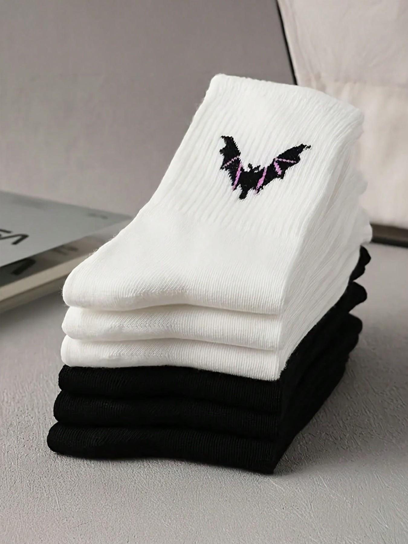 6 Pairs Men's Mid-Calf Socks, Bat Logo, Breathable, Anti-Odor, Sweat-Wicking, Casual Daily Wear, Student & Office Use