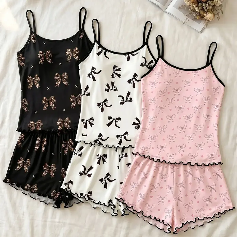 Women's 3 Pack Cami Top and Shorts Pajama Set, Spring Summer Wear, Dayjama Style Bow Print Set, Loose Fit, Casual Loungewear for Home & Quick Errands