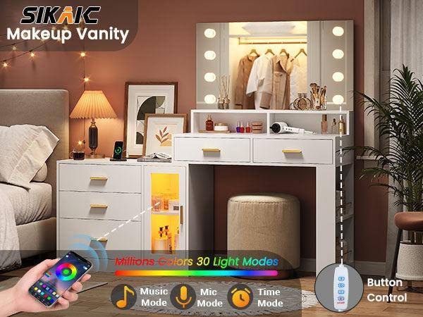 Sikaic LED Makeup Vanity Dresser With Mirror And Charging Station & 5 Drawers Cabinet Storage Furniture Bedroom Aesthetic Modern
