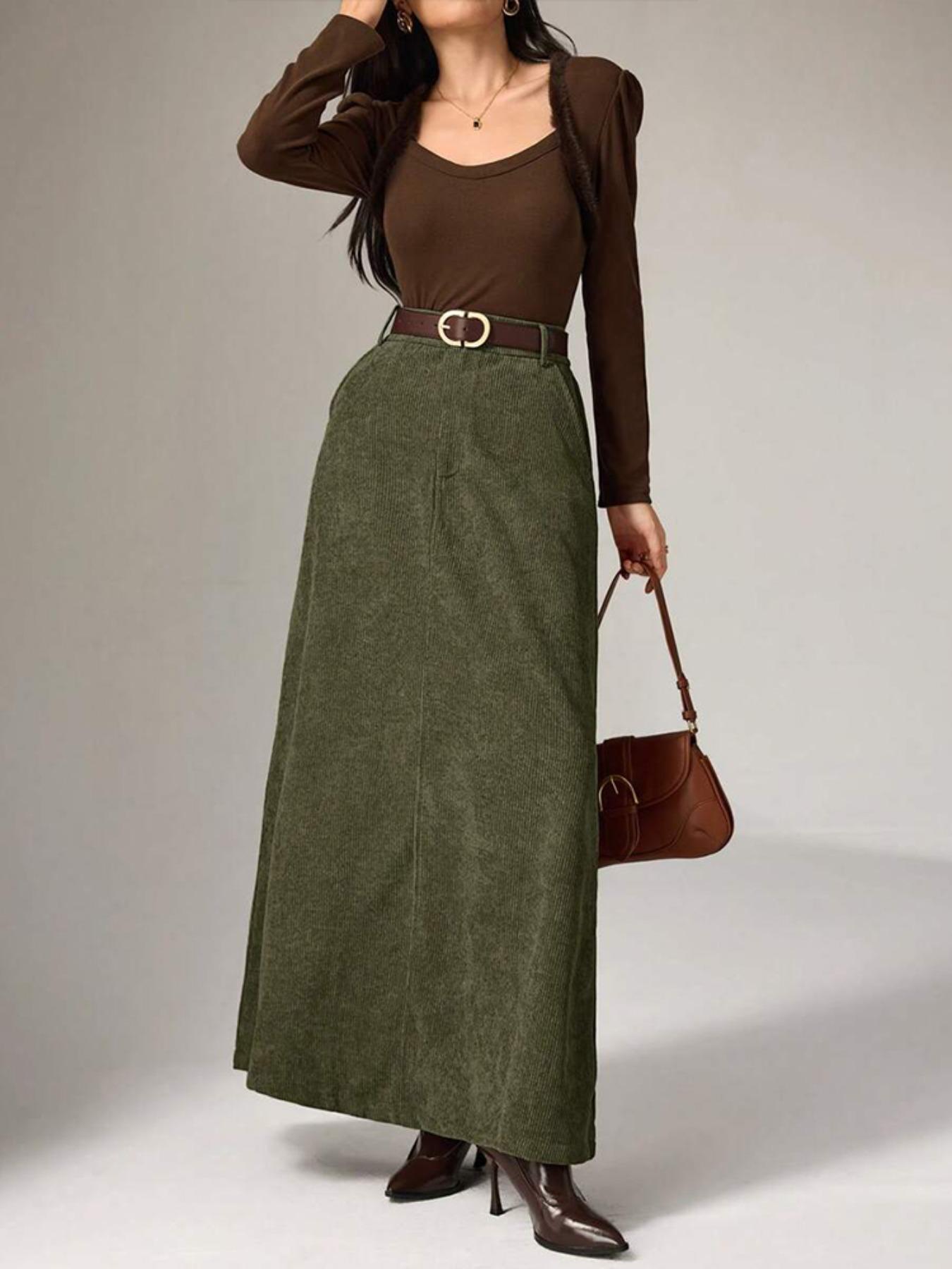 High-Waisted Corduroy Long Skirt, Slimming Chic Umbrella Dress, Multi-Scene Fit, Fall & Winter Commuter Wear, Essential Wardrobe Item