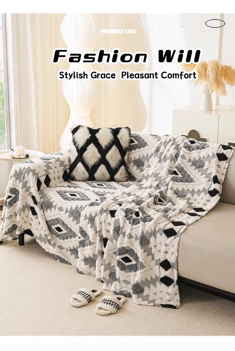 1 Piece Boho Plush Sofa Cover Blanket Couch Cover | Geometric Pattern | Multi-Color Multi-Size | Pet-Friendly Anti-Scratch Sofa Scarf | 4-Season Universal Sofa Throw | Stain-Resistant Washable Furniture Cover | Living Room Bedroom Dining Office |