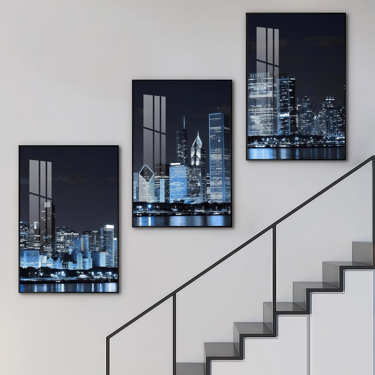3 Count Aluminum Alloy Frame Canvas， City Night Skyline Fashion Poster， Modern Living Room Decoration， Light Luxury Family Art， Suitable For Bedroom， Corridor And Office Wall Decor， Gift