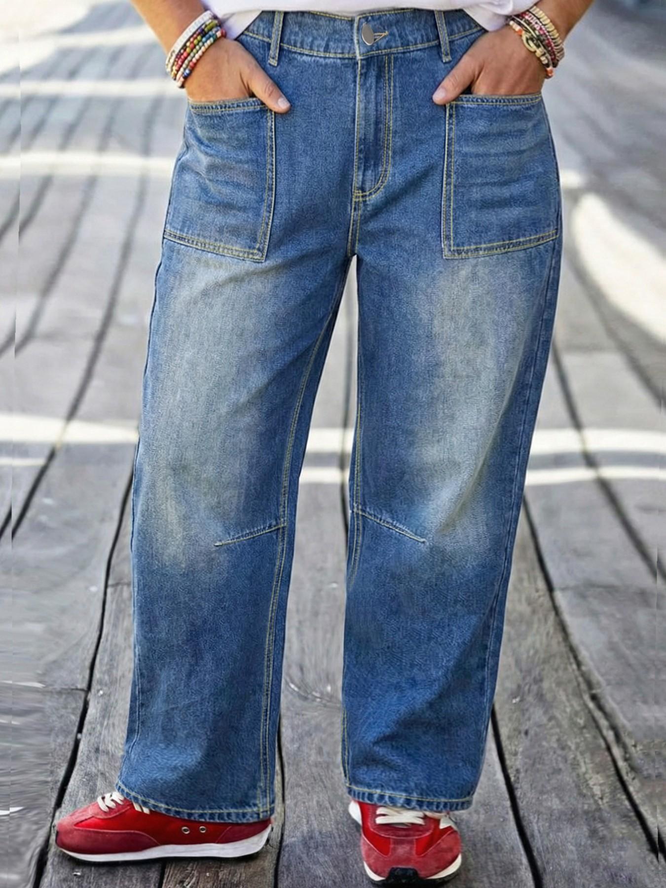 Plus Size Light Wash High Waist Denim Jeans, Relaxed Cuffed Cropped Baggy Pants, Vintage Coastal Casual Utility Wear for Women
