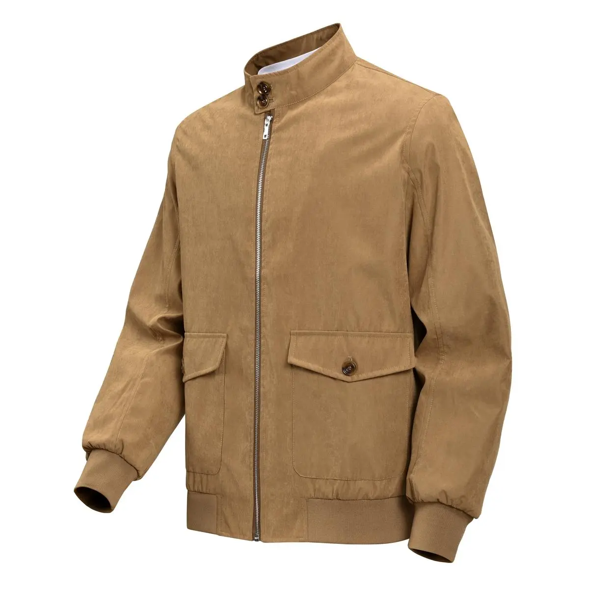 Men Stand Collar Bomber Jacket, Solid Tan Full Zip Harrington Coat with Button Flap Pockets, Ribbed Cuffs & Hem Lightweight Windproof Business Casual Outerwear
