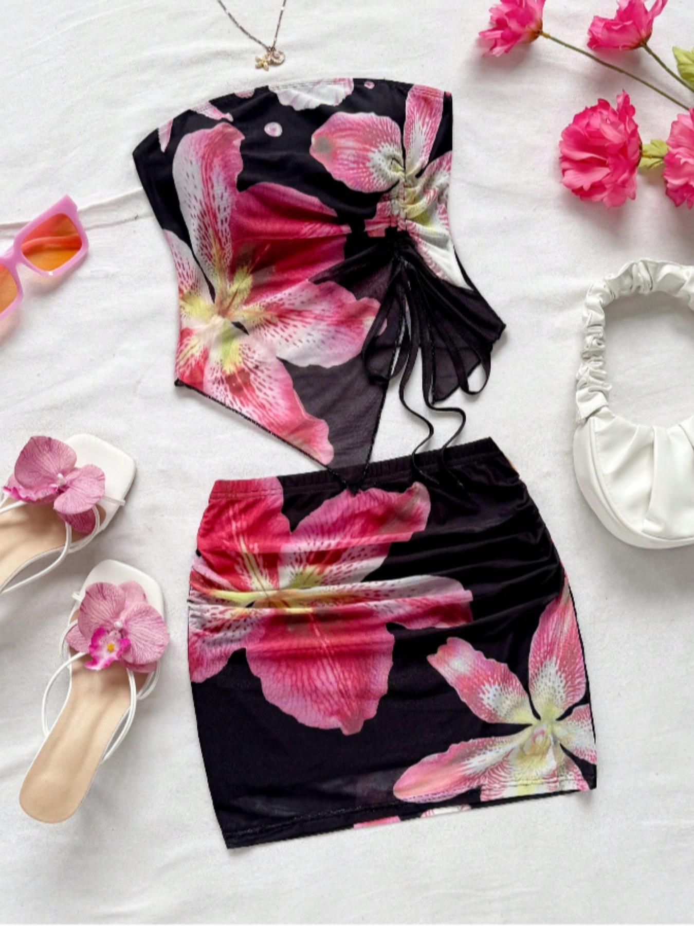 Romantic Floral Print Bandeau Eyelet Mesh Backless Top, Adjustable Drawstring Design, Sleeveless & Strapless Style, Perfect for Summer, Fashion