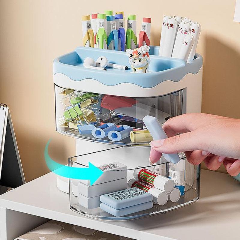 High-Value Rotating Pen Holder, Multi-Layer Transparent Storage, Cartoon Decorative Stationery, Small Item Classification Organizer, Stationary Organizer Holder