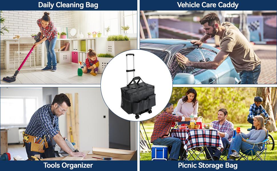 Extra Large Rolling Cleaning Caddy Bag with Detachable Trolley, Upgraded 360° Free Rotating with 5 Wheels and Dust-Proof Lid, Professional Cleaning Supplies Bag for Housekeepers, Black Collapsible Multi-Purpose Camping Cart