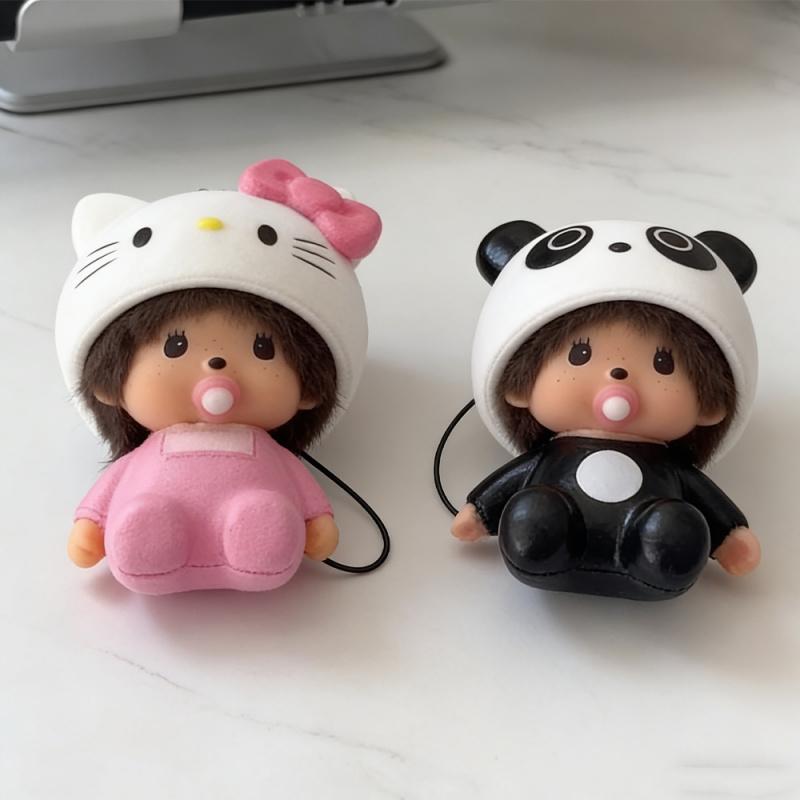 Hot-selling cute Hello Kitty and Monchhichi plush keychains, soft rubber 3D pendants, student schoolbag ornaments, car keychains, couple birthday gifts, creative cartoon merchandise, and girly accessories