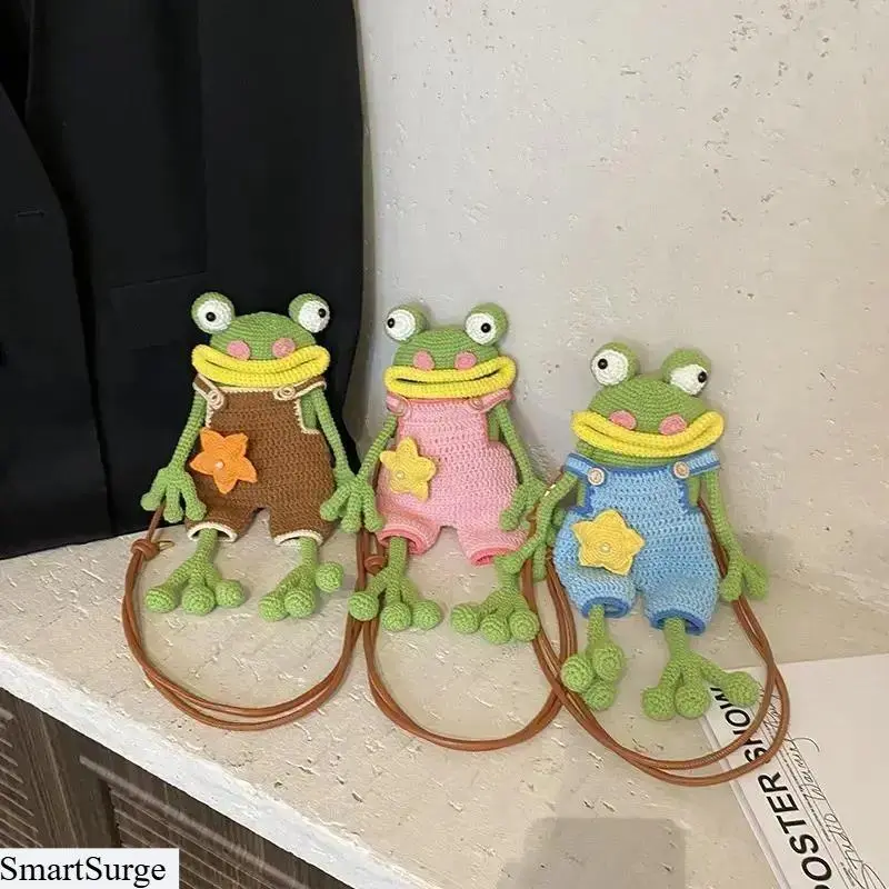 Crochet Frog Character Shape Crossbody Bag - 3D Eyes, Pink Overalls, Star Accents, Dangling Limbs, Whimsical Mini Gym Accessory for Women, Festivals