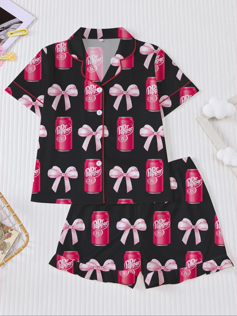 Dr Pepper Soda Can Bow Print Short Sleeve Pajama Set, Cartoon Sleepwear Two-Piece Suit, Casual Loose Fit Home Wear