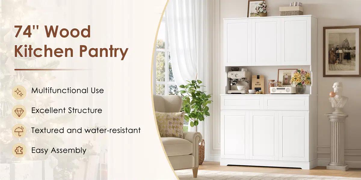 FOTOSOK 74'' Pantry Cabinet, Wood Kitchen Pantry with Microwave Shelf and Adjustable Shelves, Tall Kitchen Hutch with 6 Doors and 2 Drawers FOTOSOK 74'' Pantry Cabinet, Wood Kitchen Pantry with Microwave Shelf and Adjustable Shelves, Tall Kitchen Hutch with 6 Doors and 2 Drawers