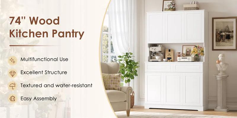 FOTOSOK 74'' Pantry Cabinet, Wood Kitchen Pantry with Microwave Shelf and Adjustable Shelves, Tall Kitchen Hutch with 6 Doors and 2 Drawers