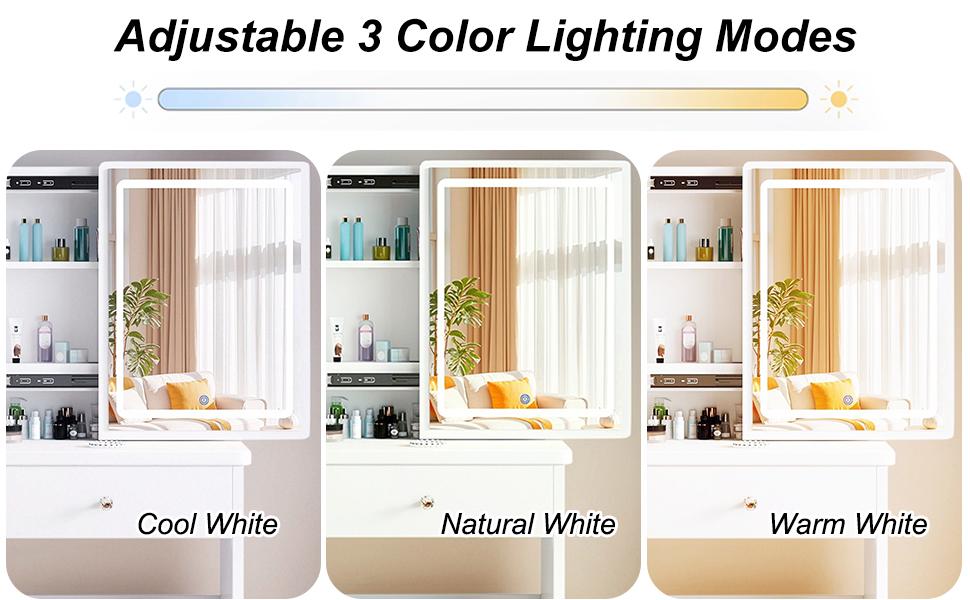 Makeup Vanity with Mirror and Lights, Vanity Desk Set with 3 Color Lighting Modes, 5 Drawers, Stool & Open Shelves, White Makeup Vanity with Mirror and Lights, Vanity Desk Set with 3 Color Lighting Modes, 5 Drawers, Stool & Open Shelves, White