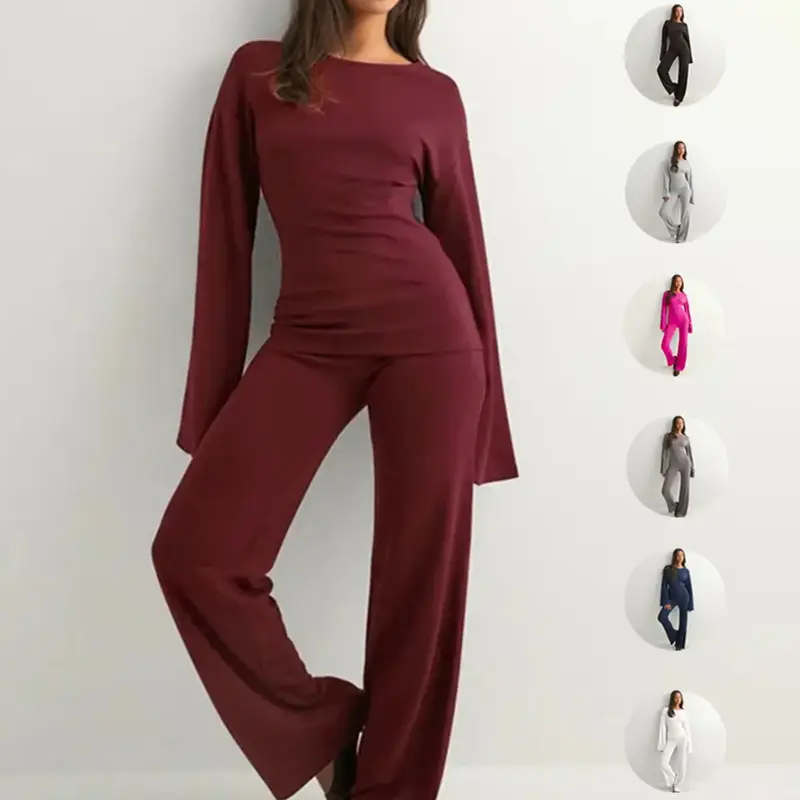 【Black Friday】Women's New Fall Solid Fitted Round Neck Flare Sleeve Top & Elastic Waist Straight Leg Pants Loungewear Homewear Set, Long Sleeve Casual Basic Fashion for Daily Wear