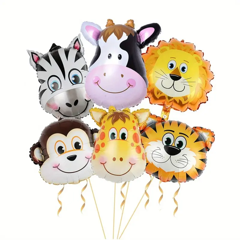 6Pcs random tiger, lion, zebra, and monkey scratch-marked foil balloons. Animal-shaped balloons suitable for birthday parties and cute baby party decorations.