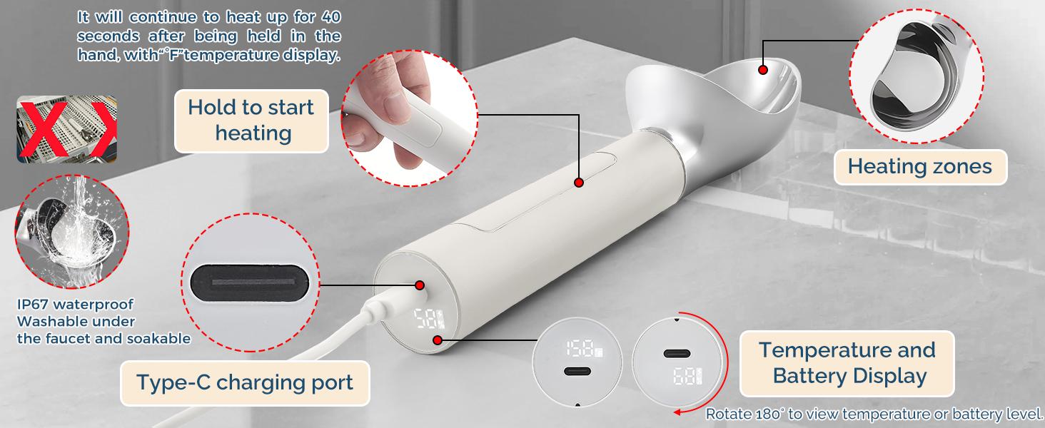 FROSTJOY Heated Ice Cream Scoop Rechargeable Electric Scooper 2 Oz Stainless Steel LED Display IP67 Waterproof Durable for Hard Ice Cream