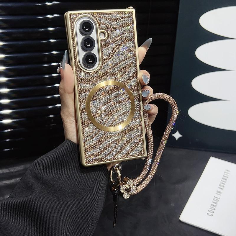 Compatible with Z Fold7/Z Fold6/Z Fold5/Z Fold4/Z Fold3 | Rhinestone Magnetic Lanyard Full Wrap Shockproof Large Fold Phone Case HNZ0483