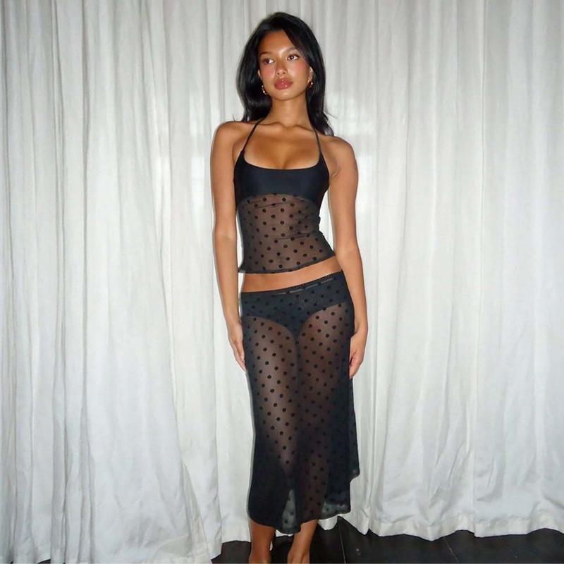 Women's Two-Piece Set, Matching Outfit Set, Sheer Mesh Polka Dot Print Halter Top & Bodycon Lace Trim Midi Skirt, for Party, Club, Date and Holiday, Ladies Summer Clothes