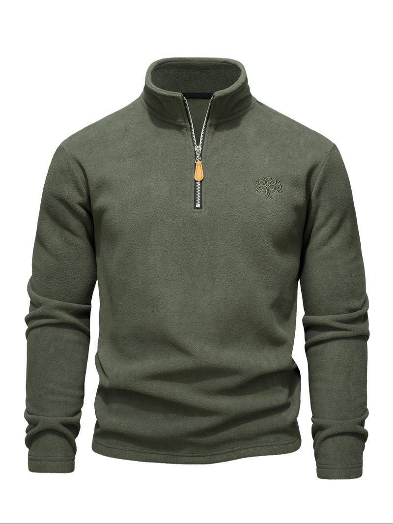 Men's Solid Zip Up Half Placket Fleece Sweatshirt, Regular Fit Casual Long Sleeve Stand Collar Pullover for Outdoor Hiking, Sportswear for Fall & Winter, Athletic Training Apparel, Athletic Top