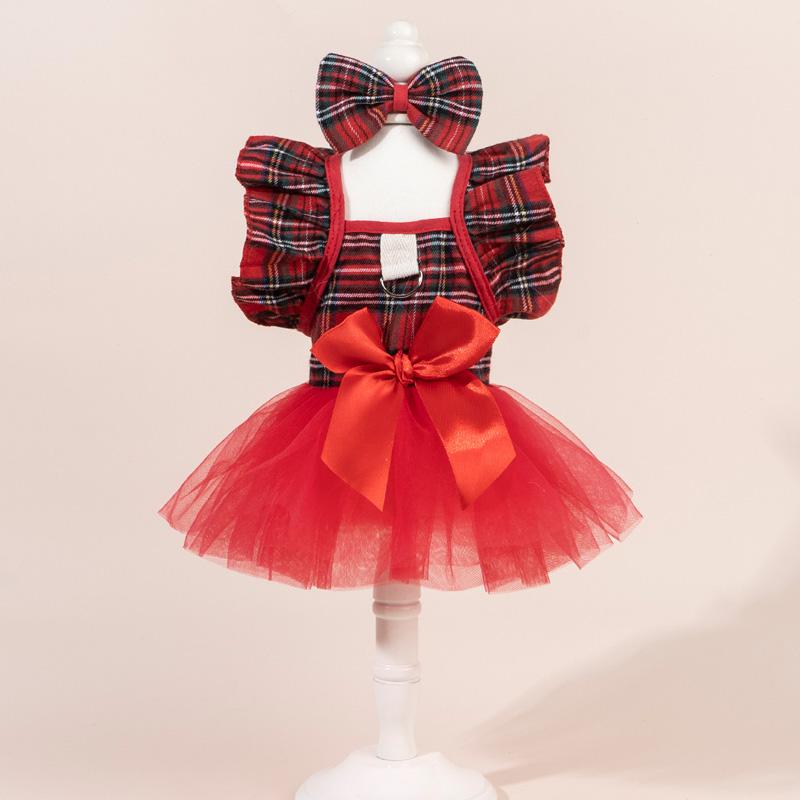 Cute Fashion Print Pet Dress with Bow, Plaid Pet Costume, Elastic Mesh Princess Dress, Puppy Cat, Complete Set