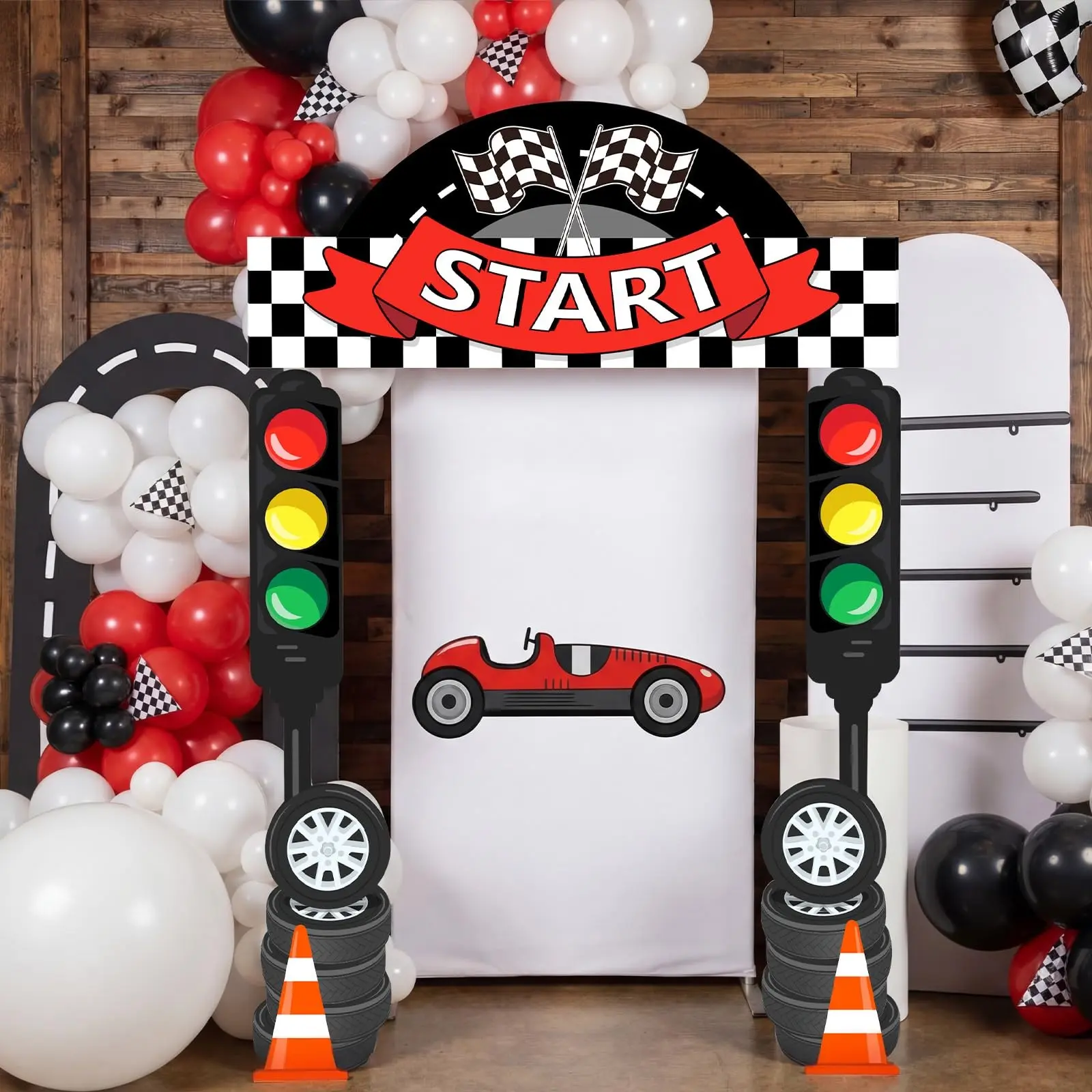 3 Piece Racing Birthday Party Decor, Race Car Welcome Sign, Light Tire Design, Checkered Flag Theme, Garage Decoration
