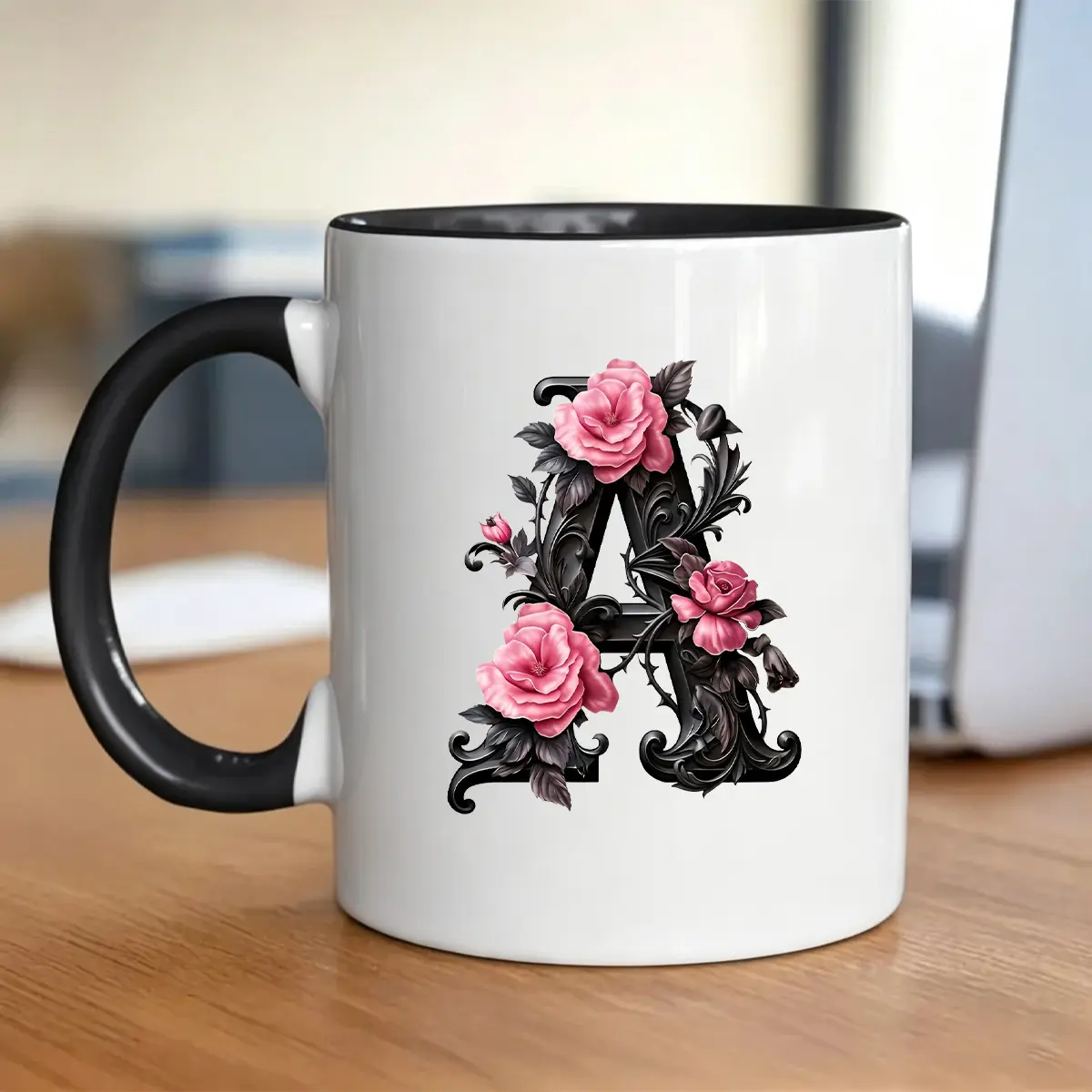 Floral Initial Mug - Dark Gothic 26 Letter Design Ceramic Coffee Mug, 11oz/15oz Optional, Birthday Gift for Friends