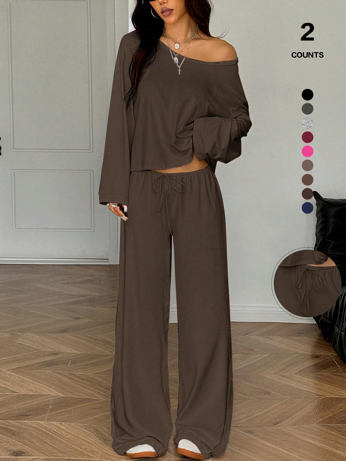 Women's 2 Piece Matching Lounge Set Off The Shoulder Long Sleeve Top and Drawstring Wide Leg Pants Casual Sweatsuit