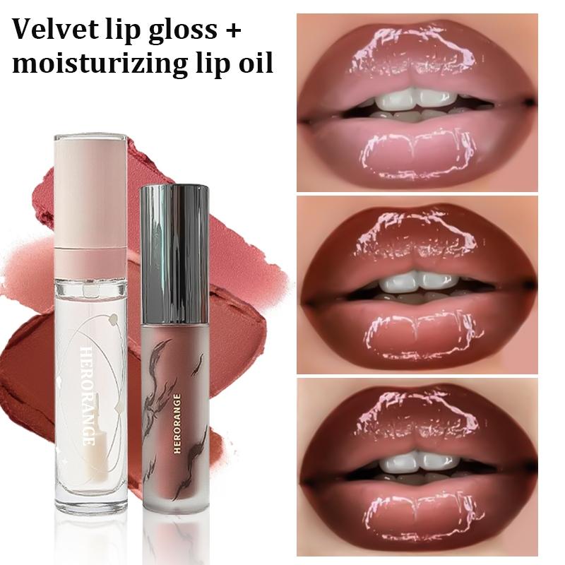 [HERORANGE Lipstick & Lip Gloss Set] Silky Matte Lipstick and Nourishing Lip Gloss Set with Smooth Vibrant Color, Easy to Layer, Moisturizing and Hydrating, Suitable for Stage Performances, Parties and Dates