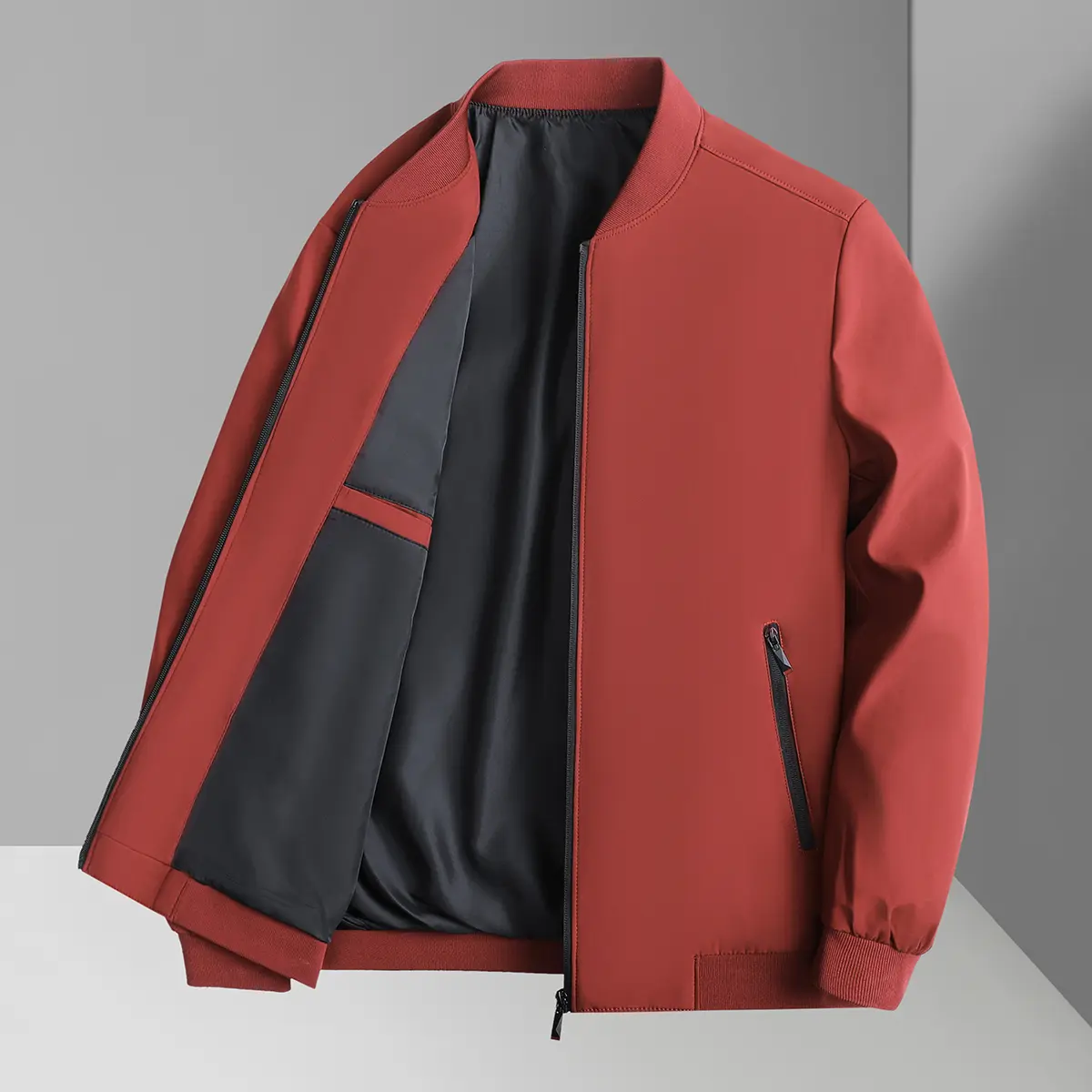 Men's 100% Polyester Full Zip Lightweight Bomber Jacket - Burgundy, Ribbed Stand Collar-Cuffs-Hem, Multiple Pockets (Side Zippers+Inner), Regular Length, Business Casual Windbreaker for Fall-Spring Daily Wear, Classic Regular Fit, Machine Wash Cold
