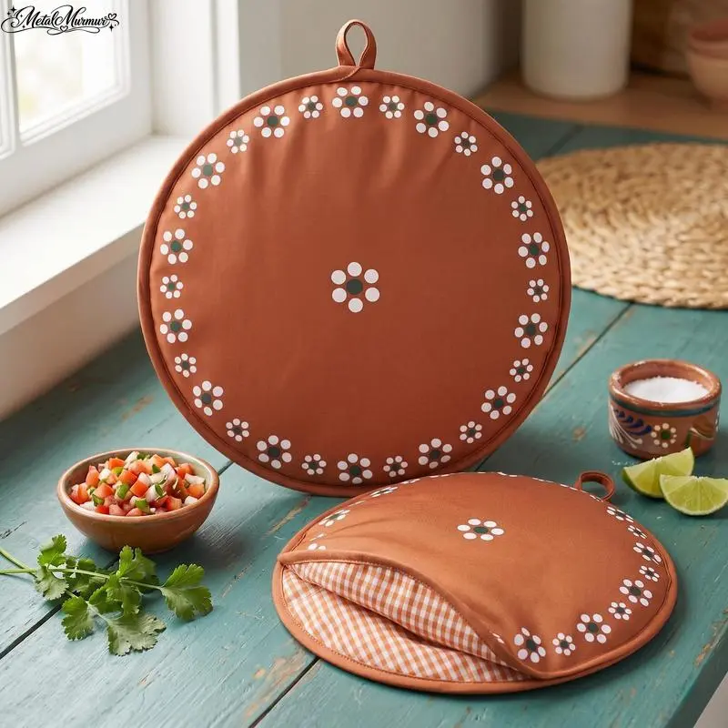 2-Pack 12-Inch Polyester Round Microwavable Insulated Tortilla Warmer Pouch - Family Mexican Kitchenware, Dual-Sided Artwork, Easy to Clean, Warmth Retention, Holds 12+, Corn/Taco/Naan Holder, Specialty Indoor Recreation Kitchen Utensil