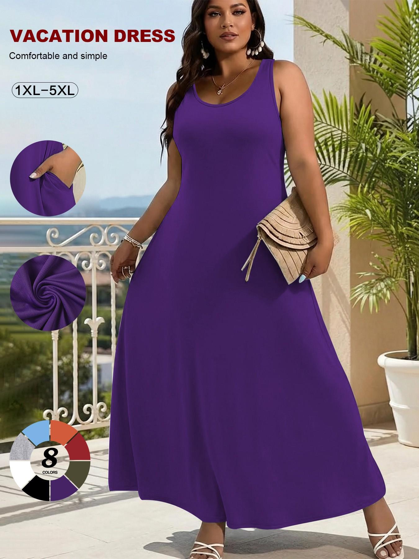 2026 Women's Plus Size Sleeveless Maxi Dress, Sexy Scoop Neck A-Line Vacation Dress, Summer Tummy Control Beach Cover Up with Pockets