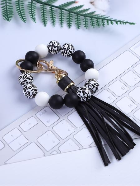 Wooden Bead & Silicone Bracelet Keychain Effortless Style for Daily Wear, Thoughtful Gift for Her - Keys Wristlet for Women