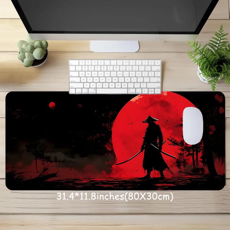 Samurai & Red Moon Pattern Mouse Pad, Rectangle Gaming Mouse Pad, Non-slip Rubber Base Keyboard Mat for Home Office Desk Accessories