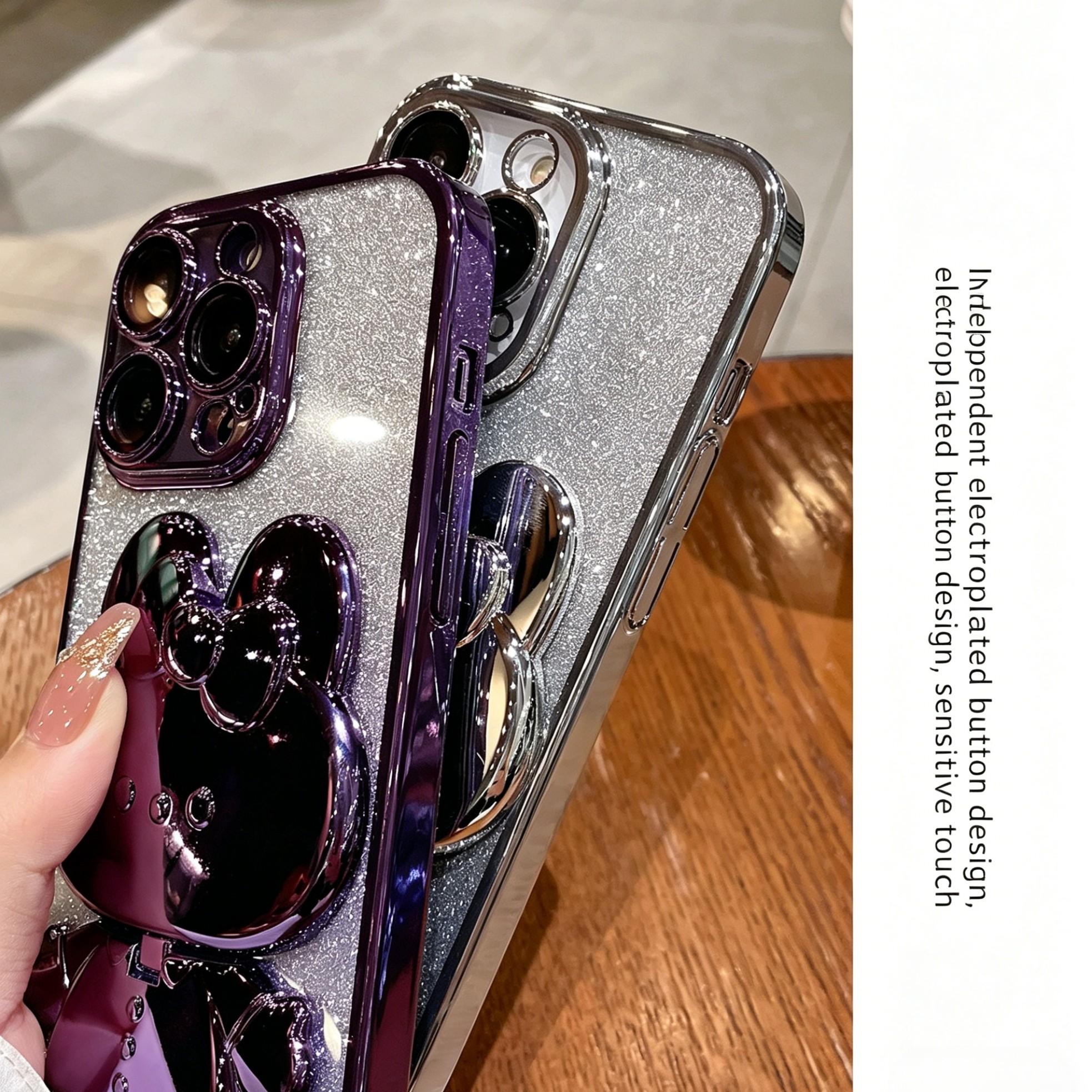 Glitter Bunny Phone Case with Stand & Mirror for iPhone 17 | Cute Silicone Protective Cover | Sparkly Bling Rabbit Case with Kickstand