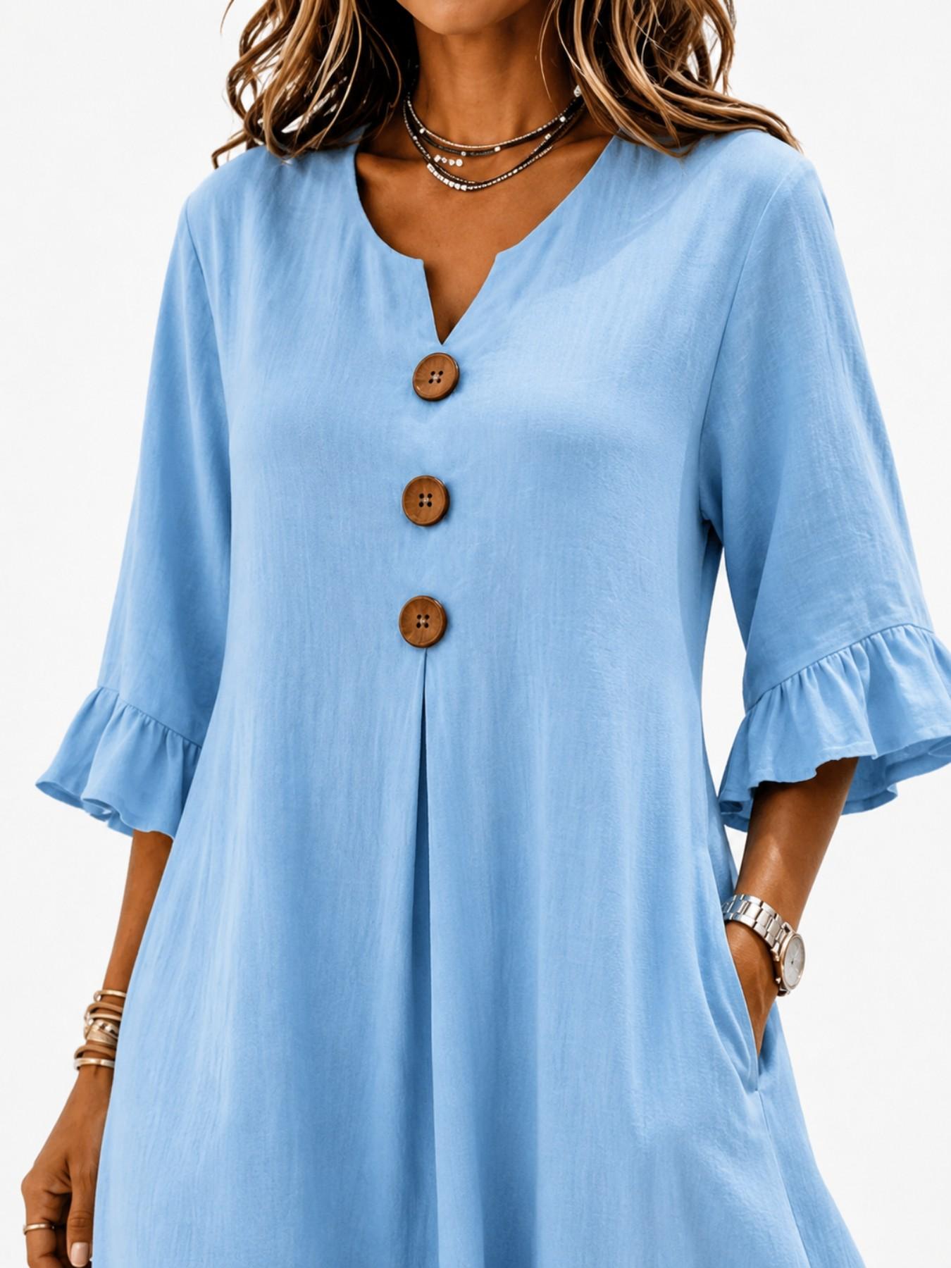Plus Size Women's Solid Color Feminine Notched-Neck Wooden Button Dress, Loose-Fit Ruffle Sleeve Long Dress, Casual Style A-Line Dress for Office & Vacation