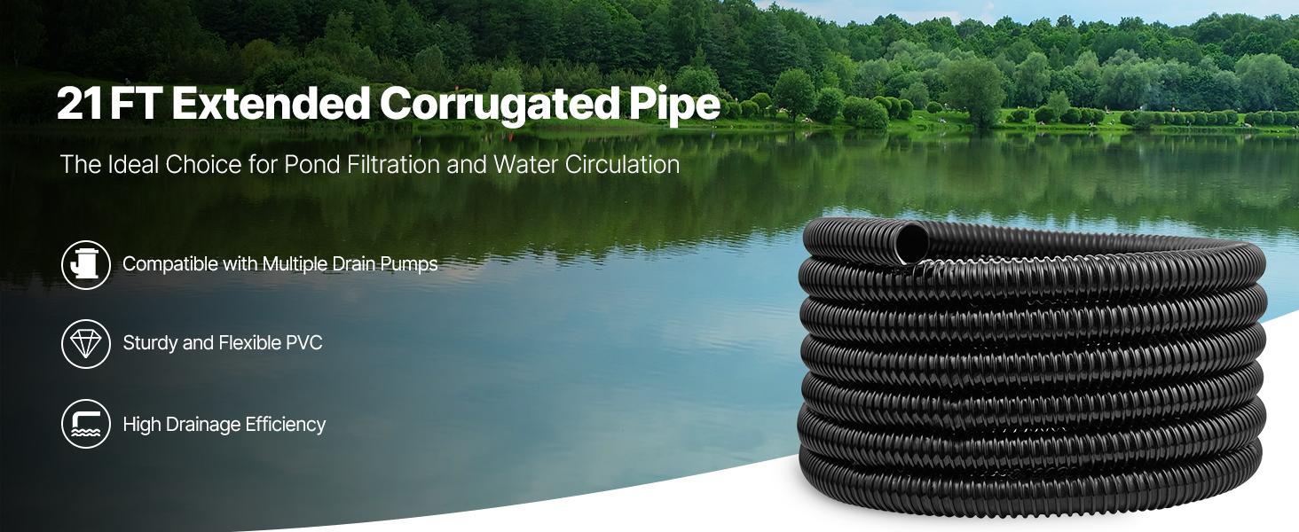 VEVOR 21 ft Corrugated Pond Tubing, 1 inch Inner Diameter, Flexible PVC Hose, Black Drain Pipe, Plastic Corrugated Water Tubing for Pond, Pump, Fountain, Garden, Swimming Pools, Filters, (1 pcs)