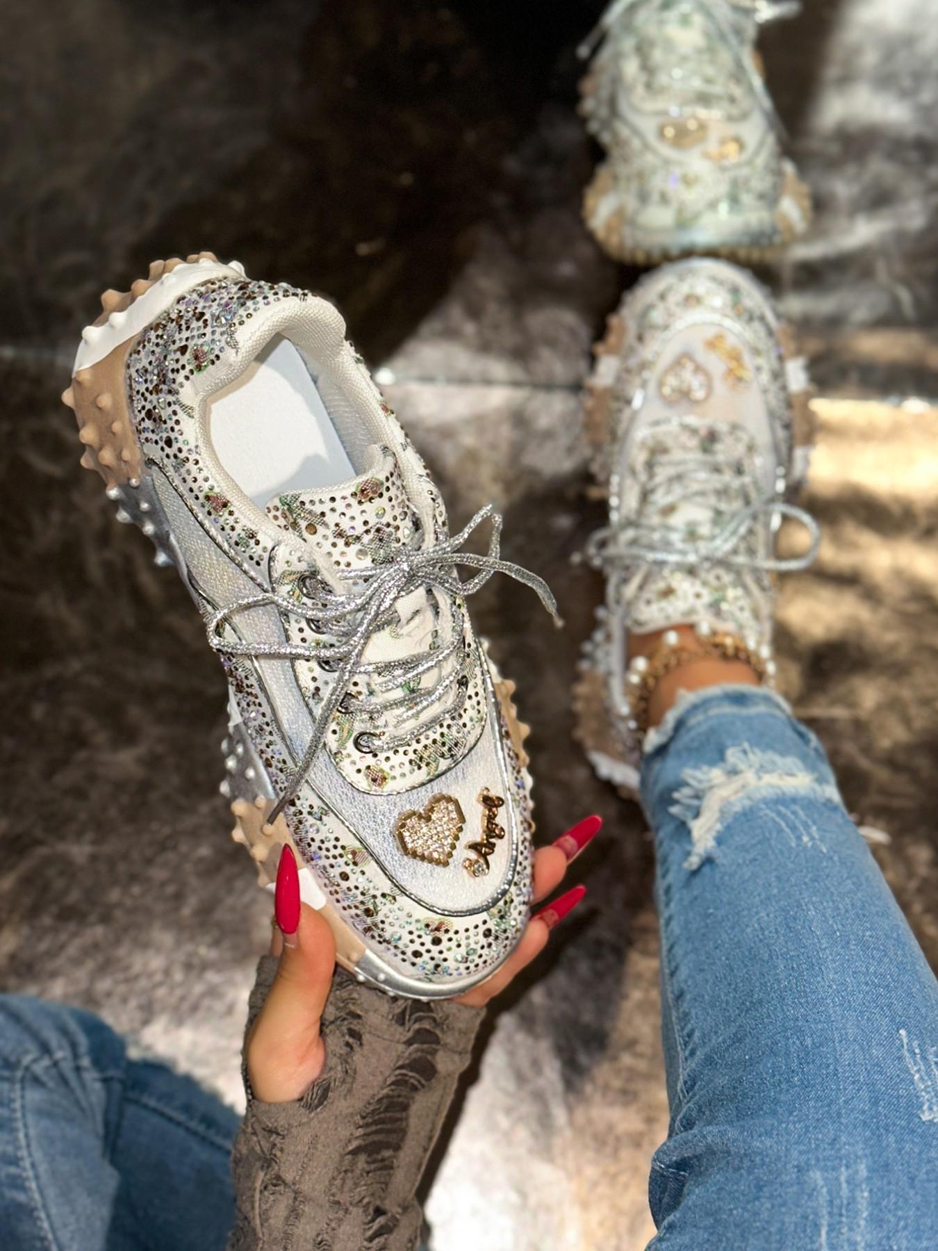 Sweet Cool Girl Style Rhinestone Lace Rose Bow Dad Shoes, Thick Rubber Sole Height Boost Slimming Anti-Slip Casual Streetwear Sports Shoes