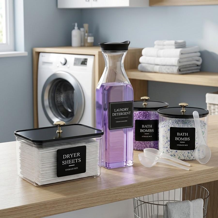 Laundry Pod Containers and Dryer Sheet Holder and Laundry Detergent Dispenser Clear Laundry Room Organization and Storage with Plastic Lids Labels and spoon （3+1pcs)