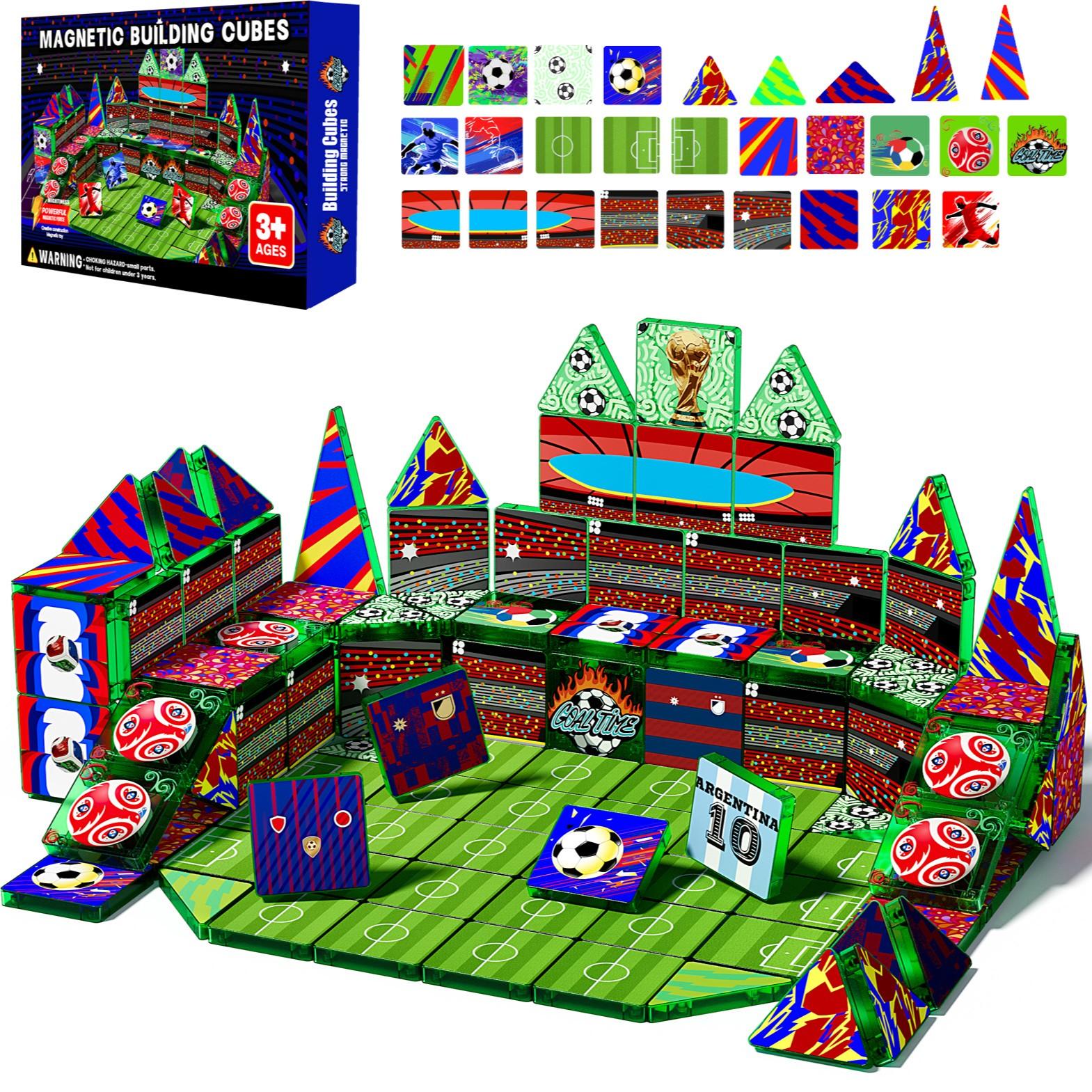 Magnetic Tiles Set 52/60 Mini Pcs | Soccer Theme, Strong Grip, Impact/Crack Resistant, Light-Through | Field: Logic, Spatial, Hand-Eye, Teamwork | Eco ABS Rounded, Choking-Safe | Birthday Gift Ages 3-6 Boys Girls