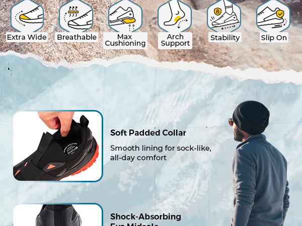 FitVille Men's Extra Wide Slip On Shoes Comfortable Orthopedic Hiking Sneakers with Arch Support Slip Resistant Trekking Walking Shoes for Travel Camping Slip-On Outdoor Explorer