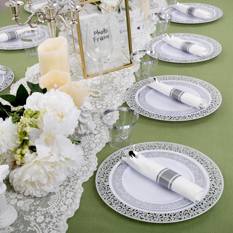 Silver/Gold/Clear/White/Blue Disposable Plates and Silverware Set: Dinner Plates,Dessert Plates, Cups,Napkins,Knife, forks, spoons-Perfect for Party