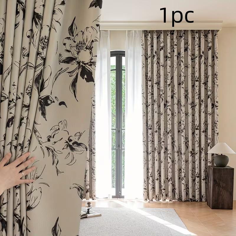 1pc New Traditional Ink Floral Drapes, High Light Blocking, Modern Style, Living Room Bedroom Privacy Decor Curtains, Single Piece